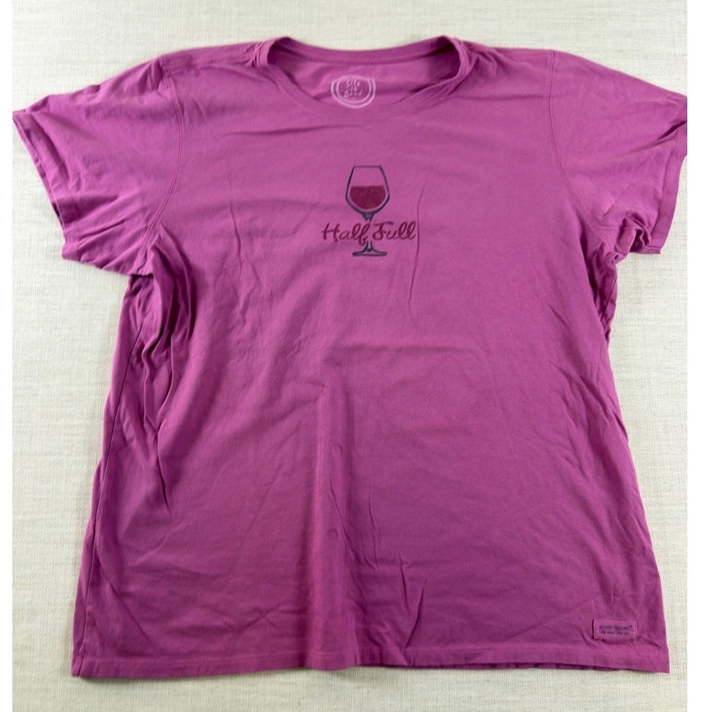 Life is Good Womens XXL Half Full Wine Graphic T-Shirt Magenta Pink Cotton Tee